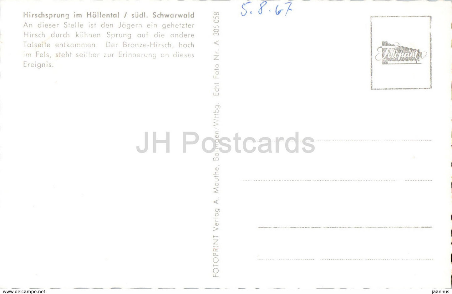 Hirschprung im Hollental - old postcard - Germany - unused