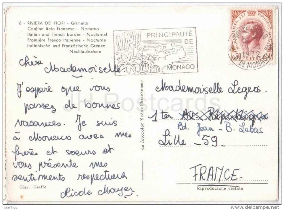Riviera dei Fiori , Grimaldi - Confine Italo Francese - Savona - Italia - Italy - sent from Monaco to France 1972 - JH Postcards