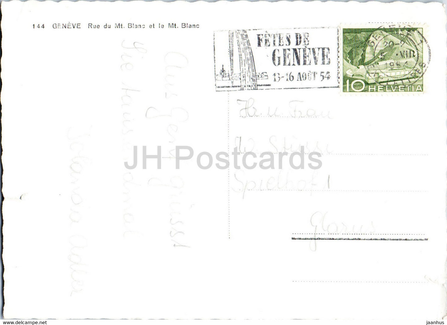 Geneve - Rue du Mt Blanc et le Mt Blanc - hotel Suisse - tram - 1954 - old postcard - Switzerland - used