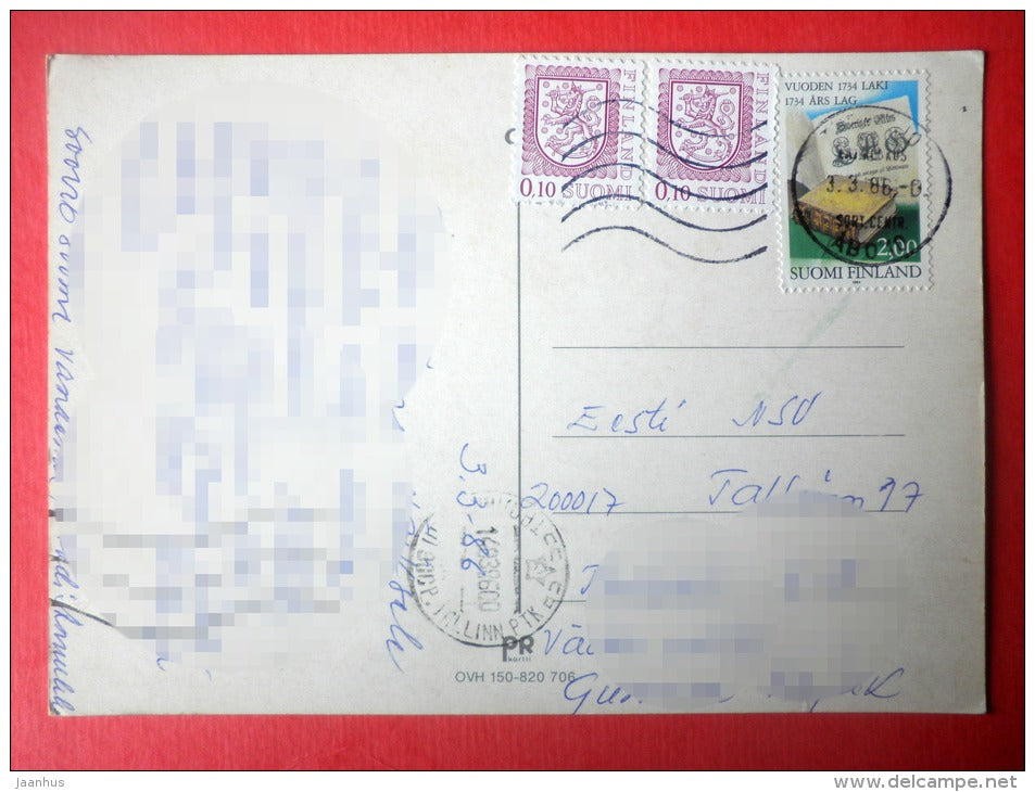 Easter Greeting Card - hare - bullfinch - literature - Finland - sent from Finland to Estonia USSR 1986 - JH Postcards