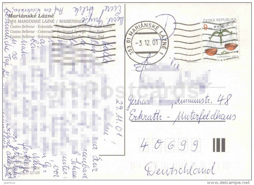 Marianske Lazne - Marienbad - spa - casino Bellevue - colonnade - Ferdinand Springs - New Bath - Czech - used 2001 - JH Postcards