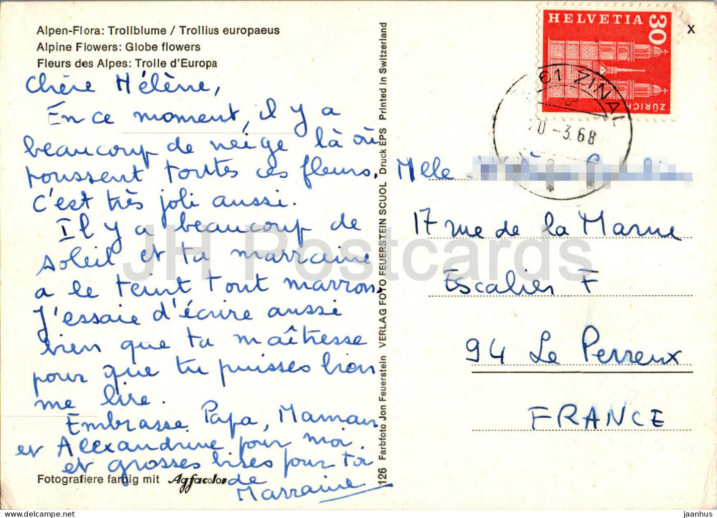 Fleurs alpines - Globe Flowers - fleurs - 1968 - Suisse - utilisé