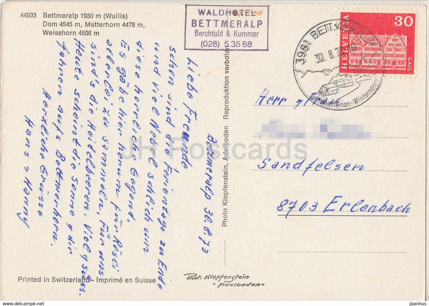 Bettmeralp 1930 m - Dom - Matterhorn - Weisshorn - 1973 - Switzerland - used
