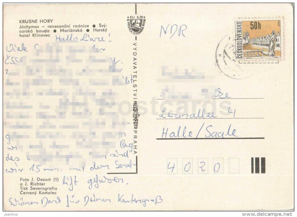 Krusne Hory - Jachymov - town hall - Marianska - mountain hotel Klinovec - Czechoslovakia - Czech - used - JH Postcards