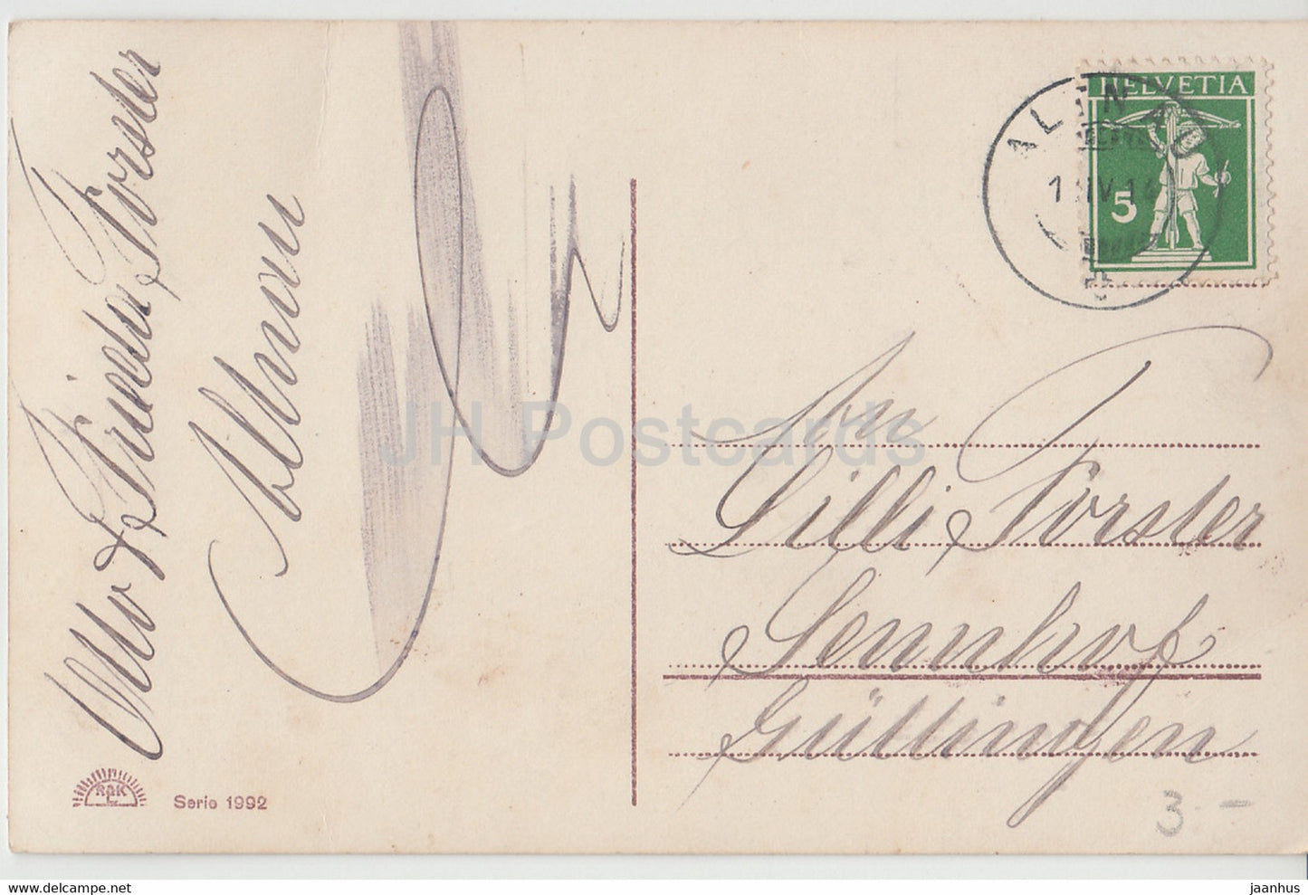 Easter Greeting Card - Frohliche Ostern - duckling - Serie 1992 - old postcard - 1914 - Germany - used