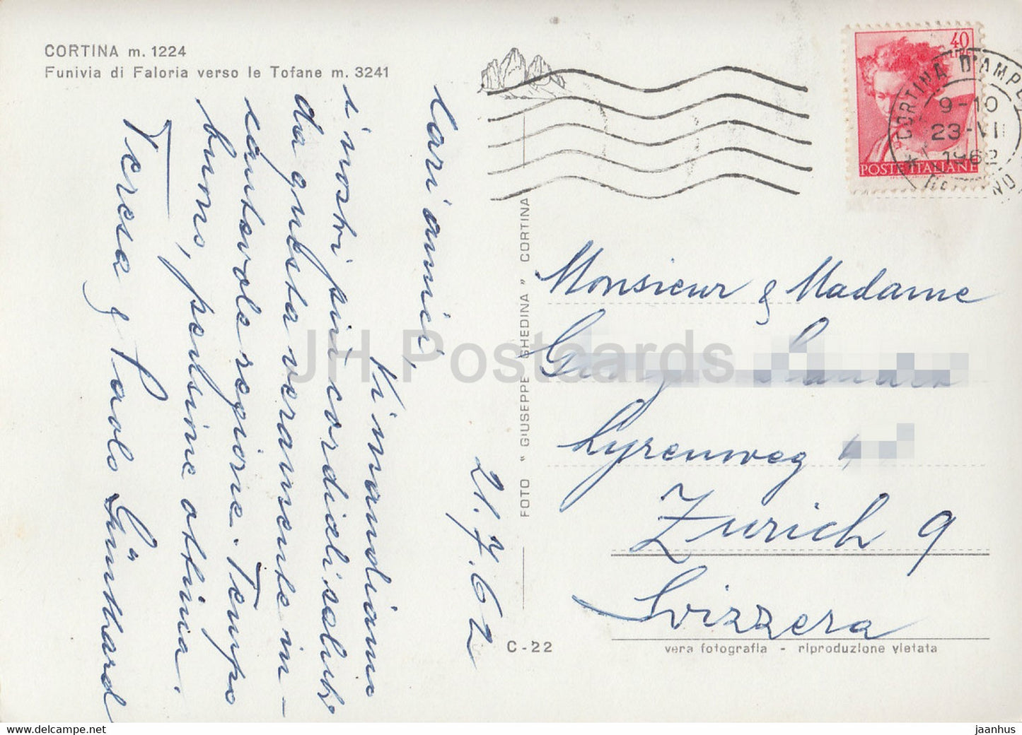 Cortina 1224 m - Funivia di Faloria le Tofane 3241 m - téléphérique - 1962 - Italie - occasion