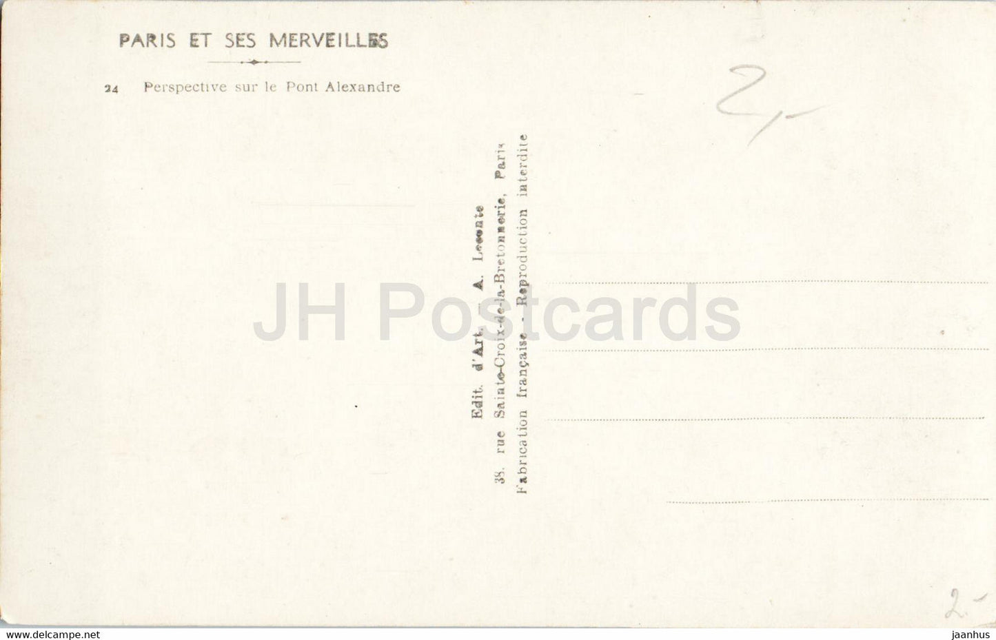 Paris et ses Merveilles - Perspective sur le Pont Alexandre - pont - 24 - carte postale ancienne - France - inutilisée