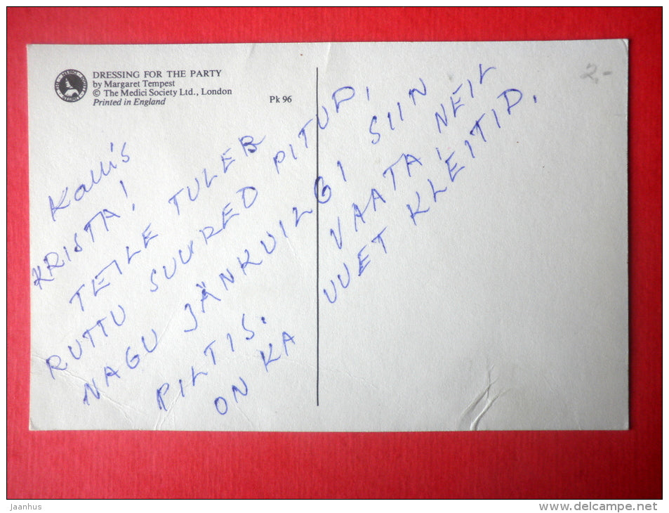 illustration by Margaret Tempest - Dressing for the Party - squirrel - Pk 96 - England - circulated in Finland - JH Postcards