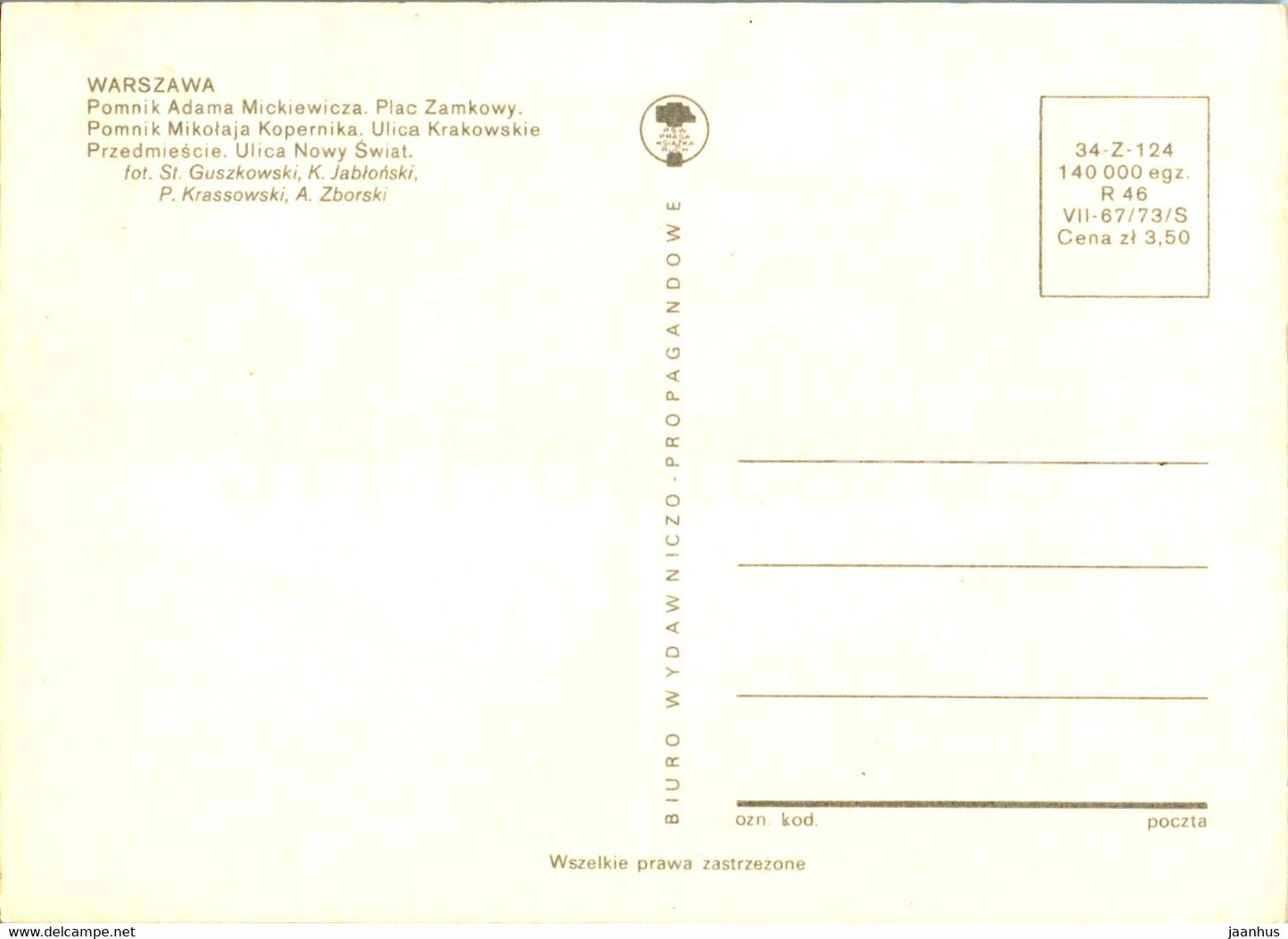 Warsaw - Warszawa - Pomnik Adama Mickiewicza - Plac Zamkowy - Ulica Krakowskie - bus - Poland - unused