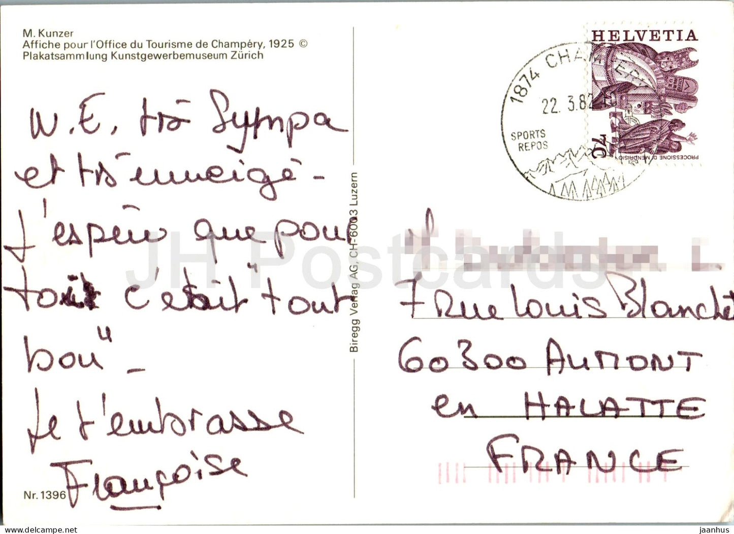 Champéry - Affiche - poster - illustration de M. Kunzer - 1396 - 1982 - Suisse - occasion