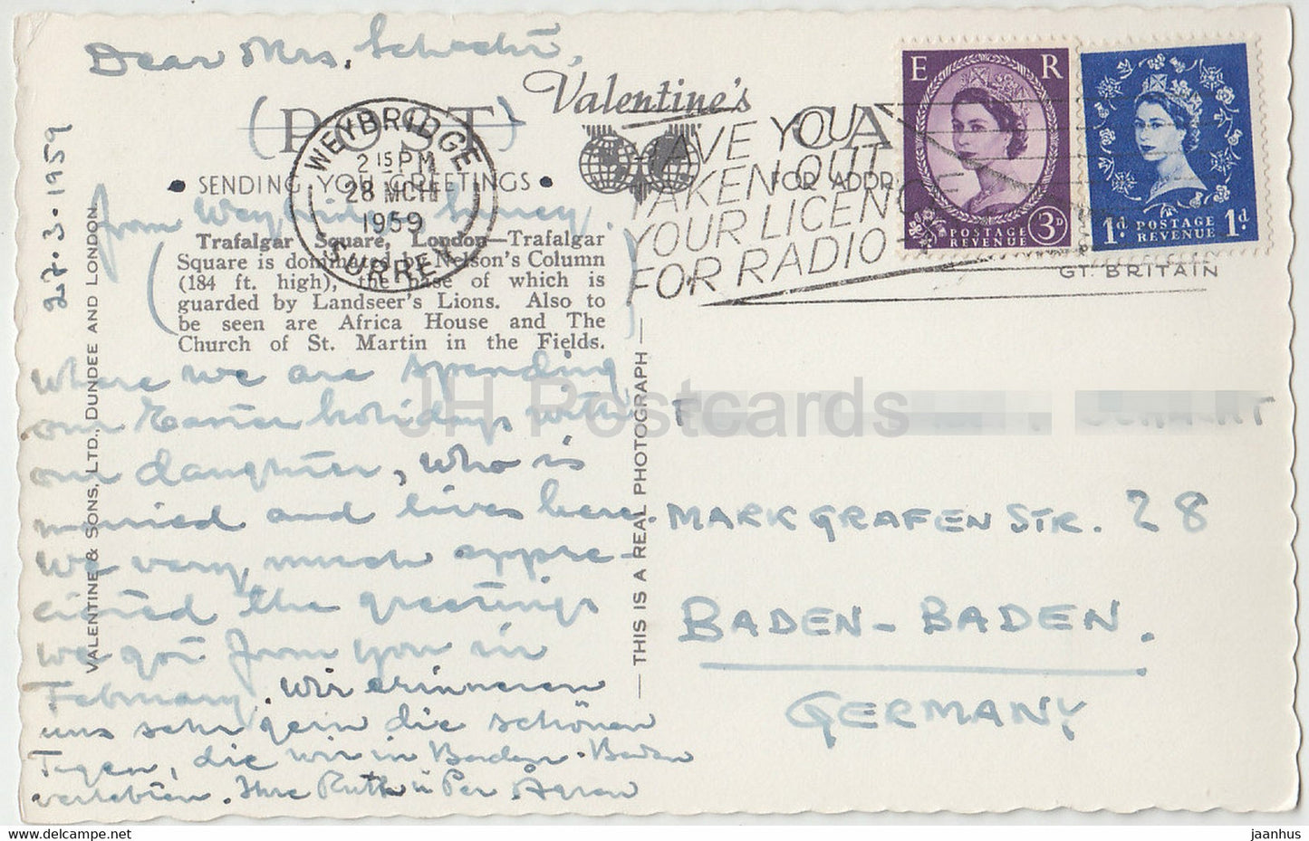 London – Trafalgar Square – 5777 – alte Postkarte – 1959 – Vereinigtes Königreich – England – gebraucht