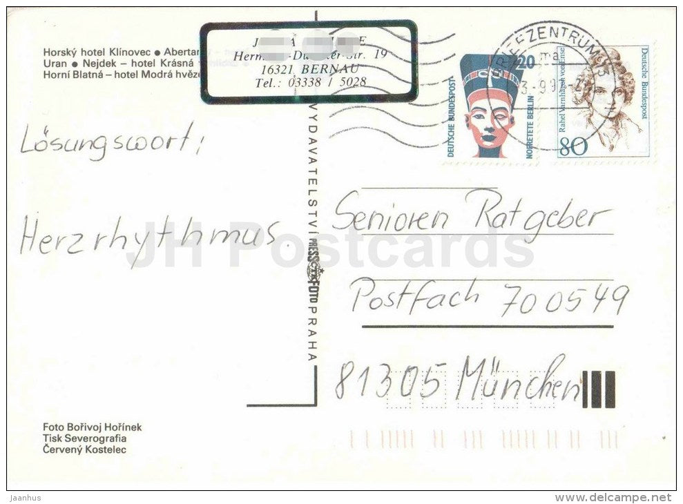 Krusne Hory - hotel Uran - Nejdek - Horni Blatna - Modra - mountain hotel Klinovec - Czechoslovakia - Czech - used 1999 - JH Postcards