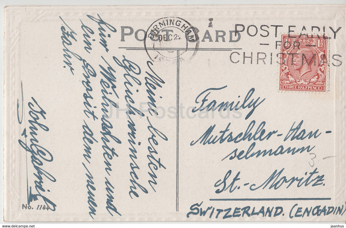 Christmas Greeting Card - A Merry Christmas - blue tits - birds - 1144 - old postcard - United Kingdom - used