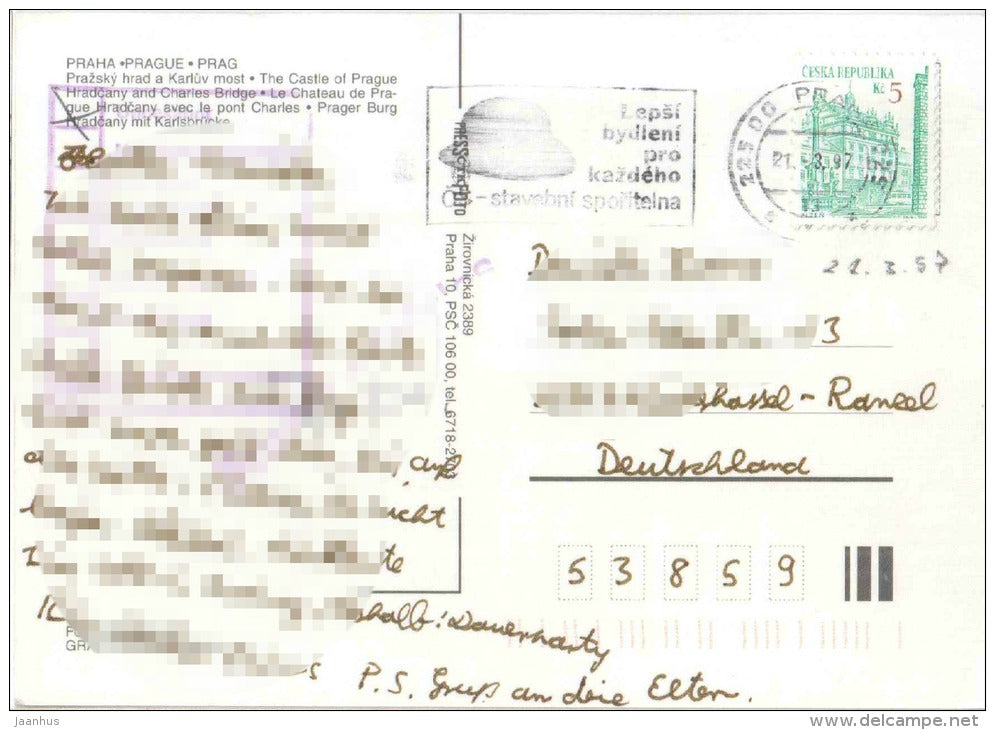 The Castle of Prague Hradcany and Charles Bridge - Prague - Praha - Czech - used 1997 - JH Postcards