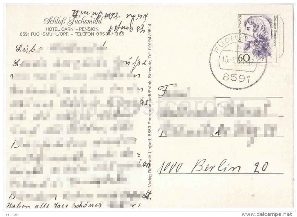Schloss Fuchsmühl - hotel Garni - pension - 8591 - Germany - 1988 gelaufen - JH Postcards