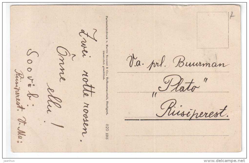 birthday greeting card - flowers - red and white roses - 820 - old postcard - circulated in Estonia - used - JH Postcards