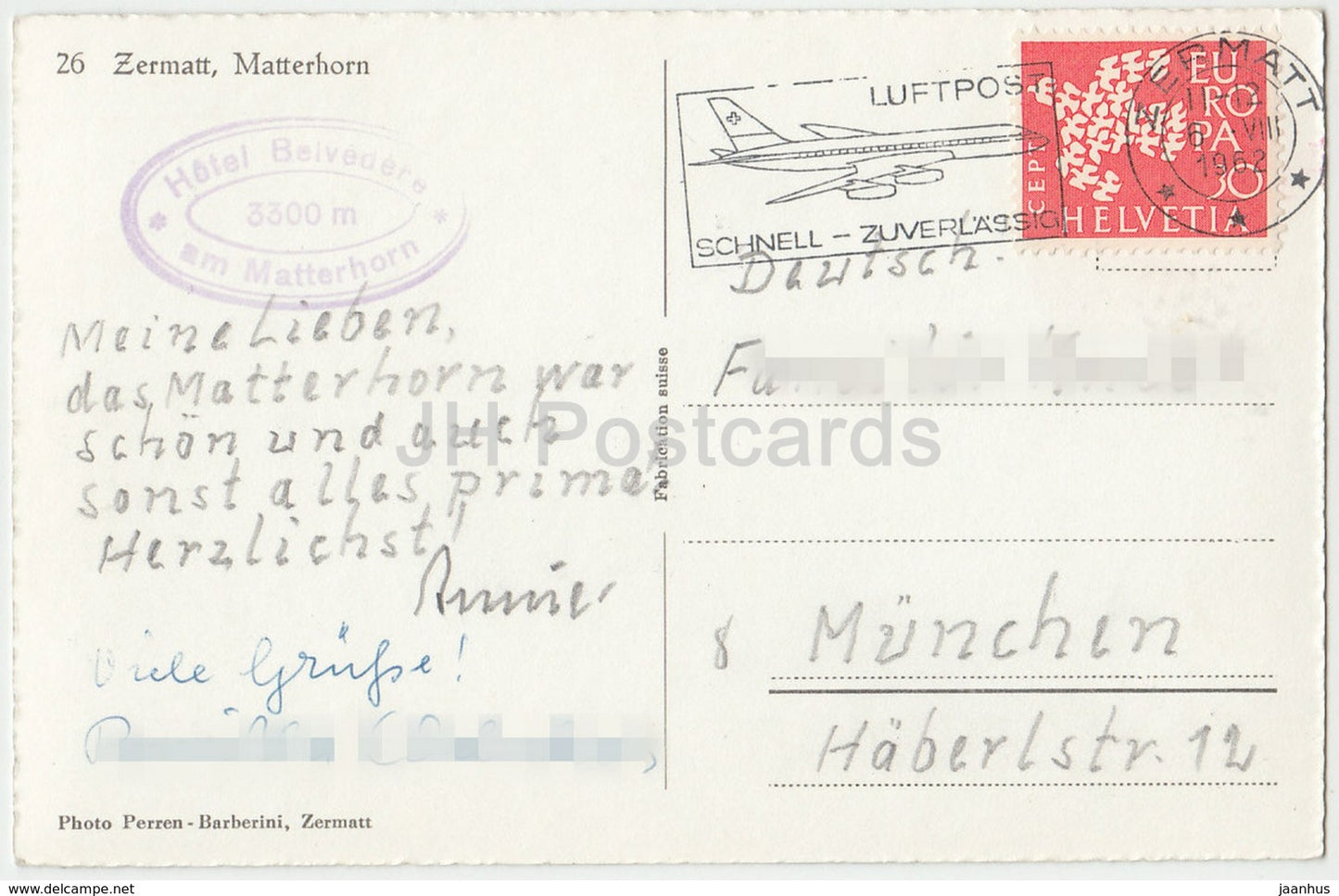 Zermatt Matterhorn - Hotel Belvedere 3300 m - 26 - Schweiz - 1962 - gebraucht