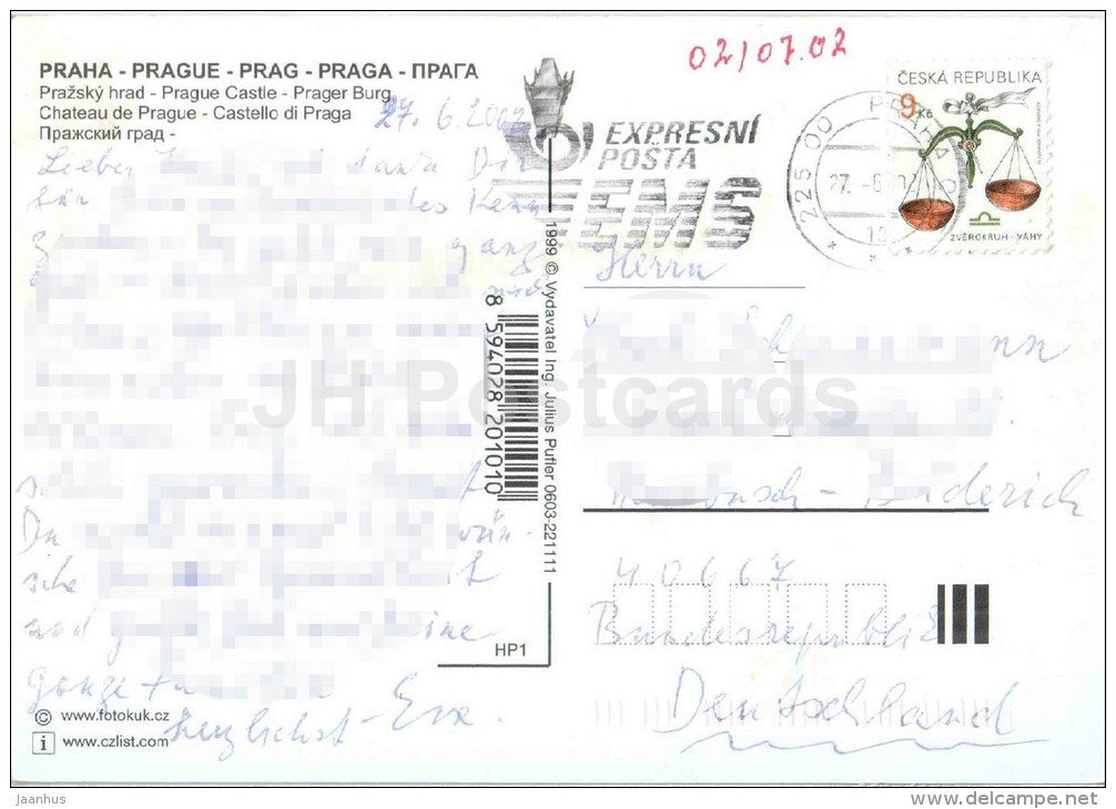 Prague - Praha - Prague Castle - views - Czech - used 2002 - JH Postcards