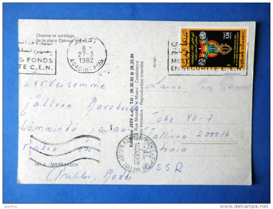 Man with Cobra - Marrakesh - sent from Morocco to Estonia USSR 1982 , Tallinn - Morocco - used - JH Postcards