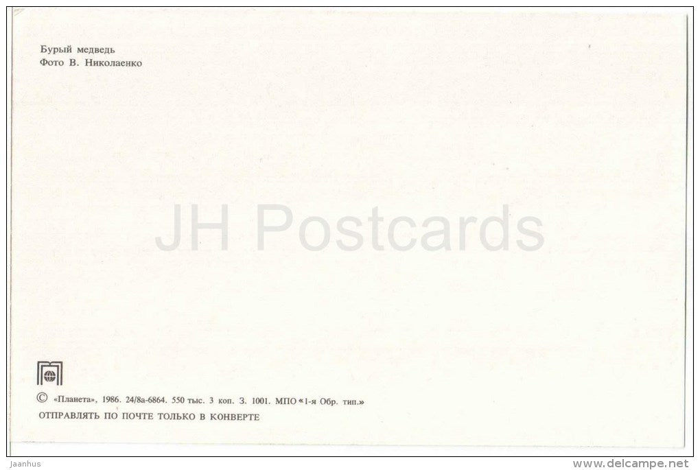 Brown Bear - Ursus arctos - animals - 1986 - Russia USSR - unused - JH Postcards