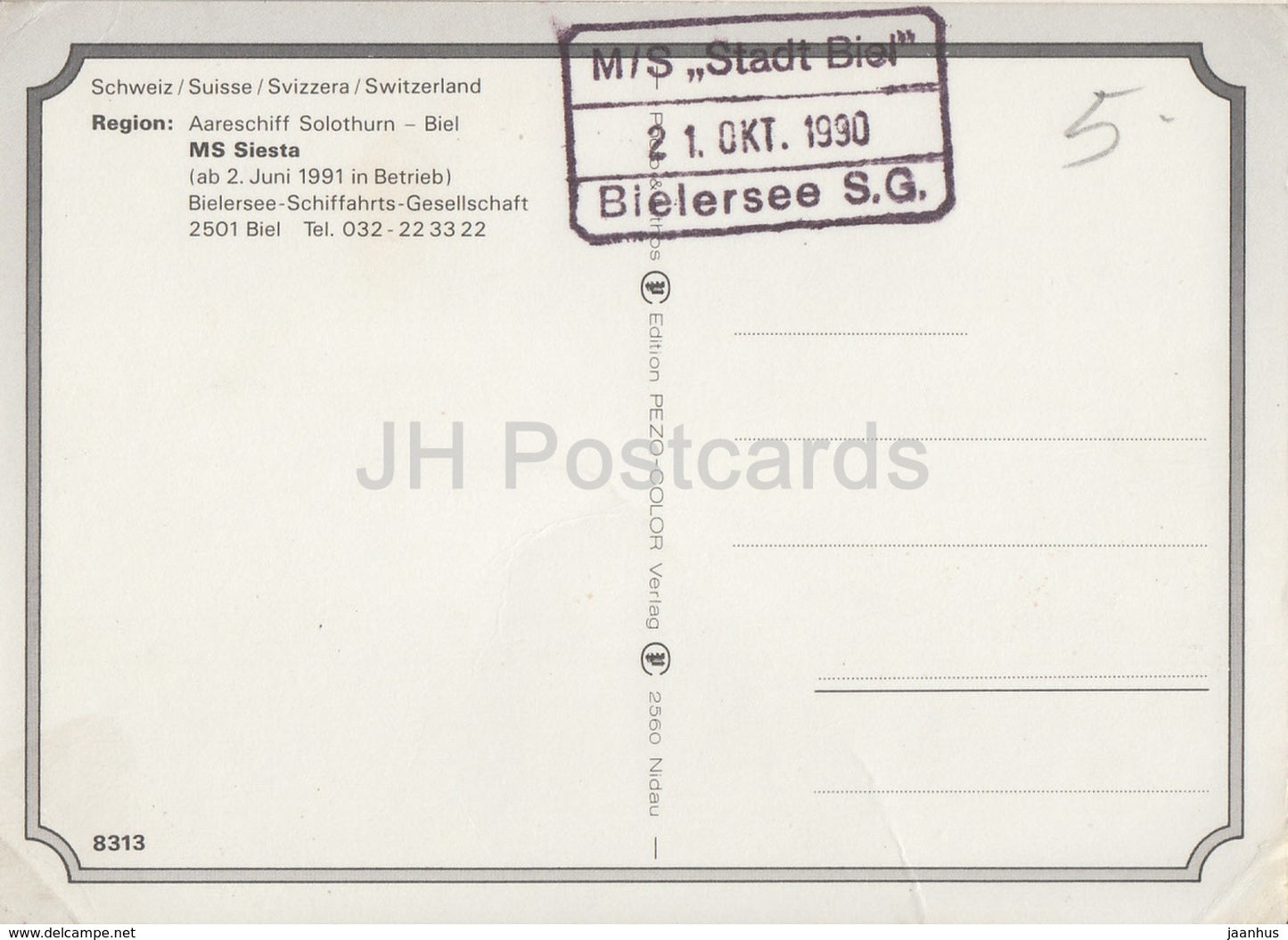 MS Siesta - Aareschiff Solothurn - Biel - ship - special seal - 1990 - Switzerland - used