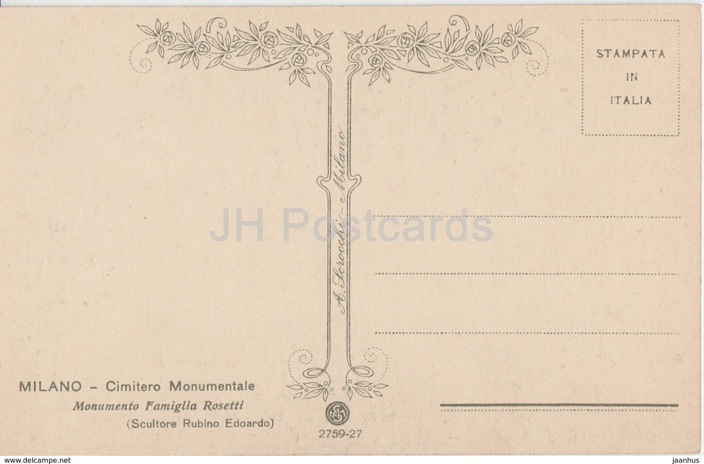 Mailand - Mailand - Cimitero Monumentale - Monumento Famiglia Rosetti - Friedhof - alte Postkarte - Italien - unbenutzt