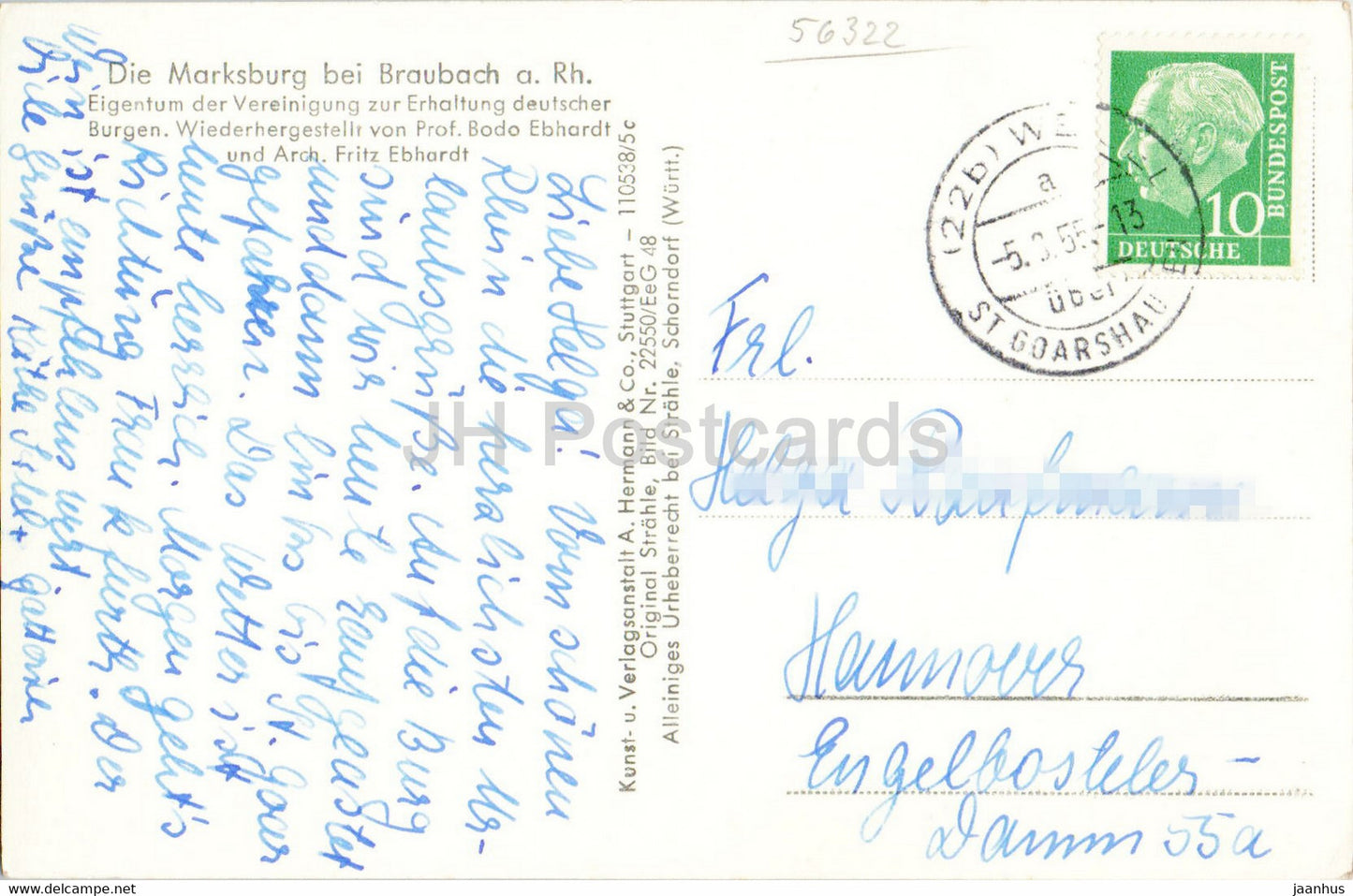 Marksburg mit Niederspay a Rhein - old postcard - 1955 - Germany - used