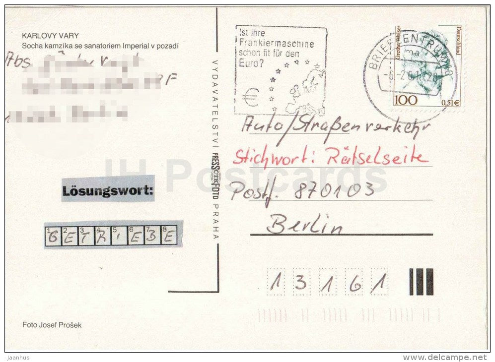 Karlovy Vary - chamois statue - sanatorium Imperial in the background - Czech - used 2001 - JH Postcards