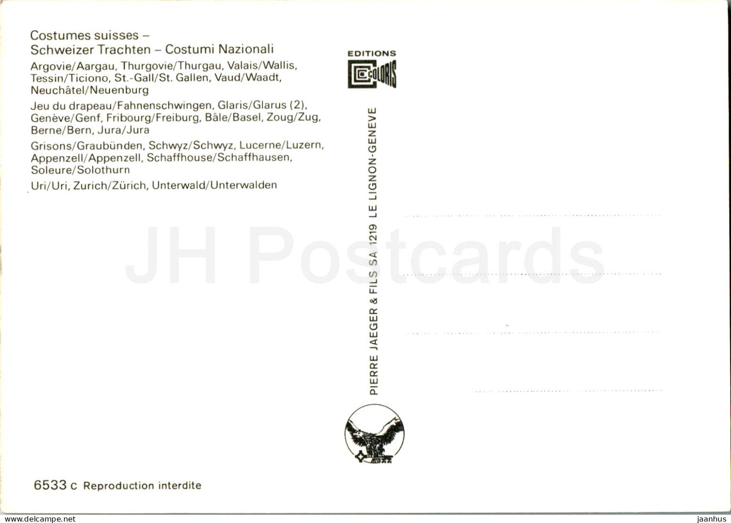 Costumes Suisses - Schweizer Trachten - Swiss Folk Costumes - illustration - 6533 - Switzerland - unused