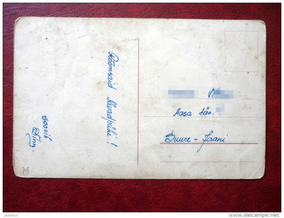 Easter Greeting Card - girl in folk costumes - eggs - MH - 1930s - Estonia - used - JH Postcards