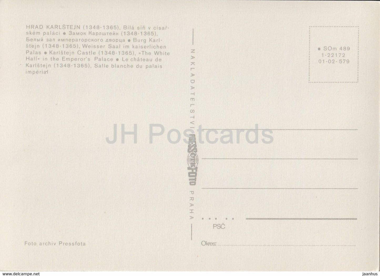 Karlstejn Castle - The White Hall in Emperor's Palace - Czechoslovakia - unused