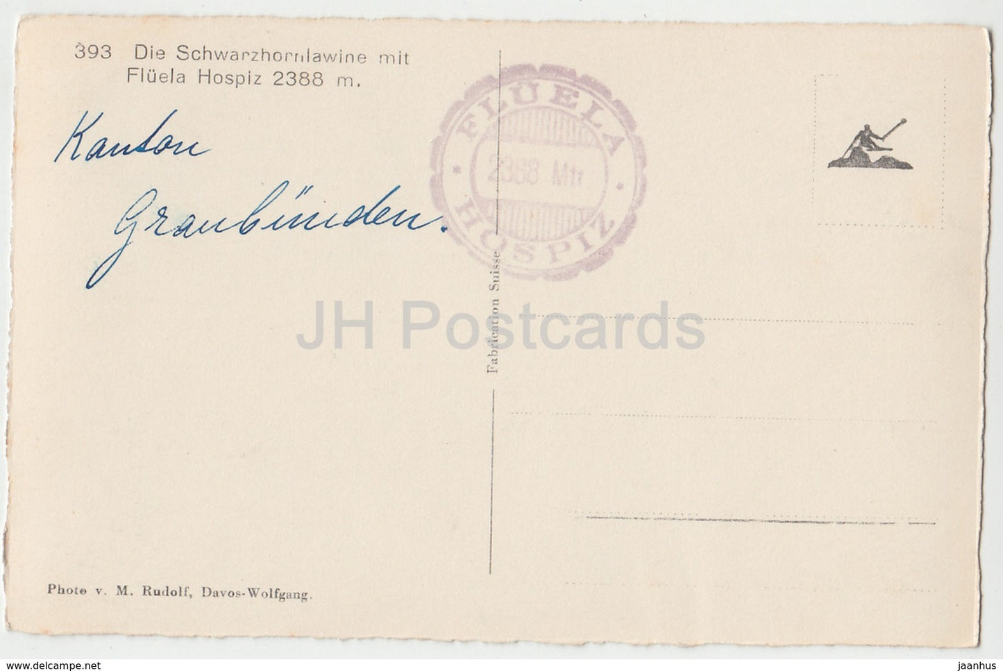 Die Fluela-Schwarzhorn Lavine - Die Schwarzhornlavine mit Fluela Hospiz 2388 m - Suisse - carte postale ancienne - utilisé