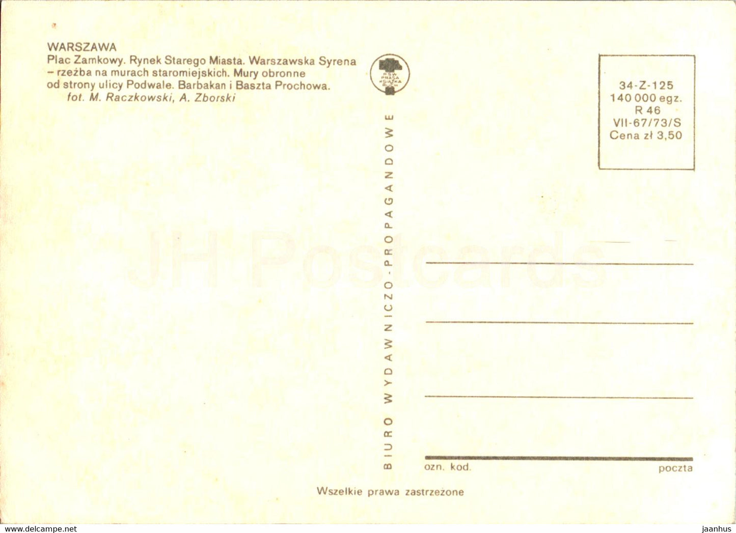 Warsaw - Warszawa - Plac Zamkowy - Rynek Starego Miasta - Warszawska Syrena - car - Poland - unused
