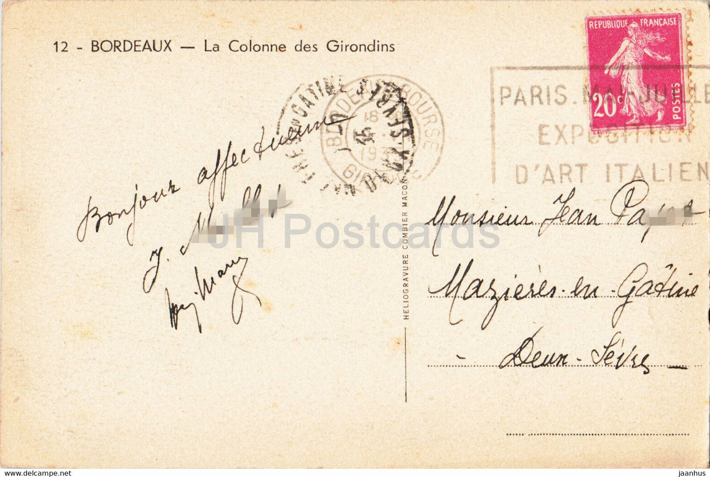 Bordeaux - La Colonne des Girondins - 12 - old postcard - 1935 - France - used