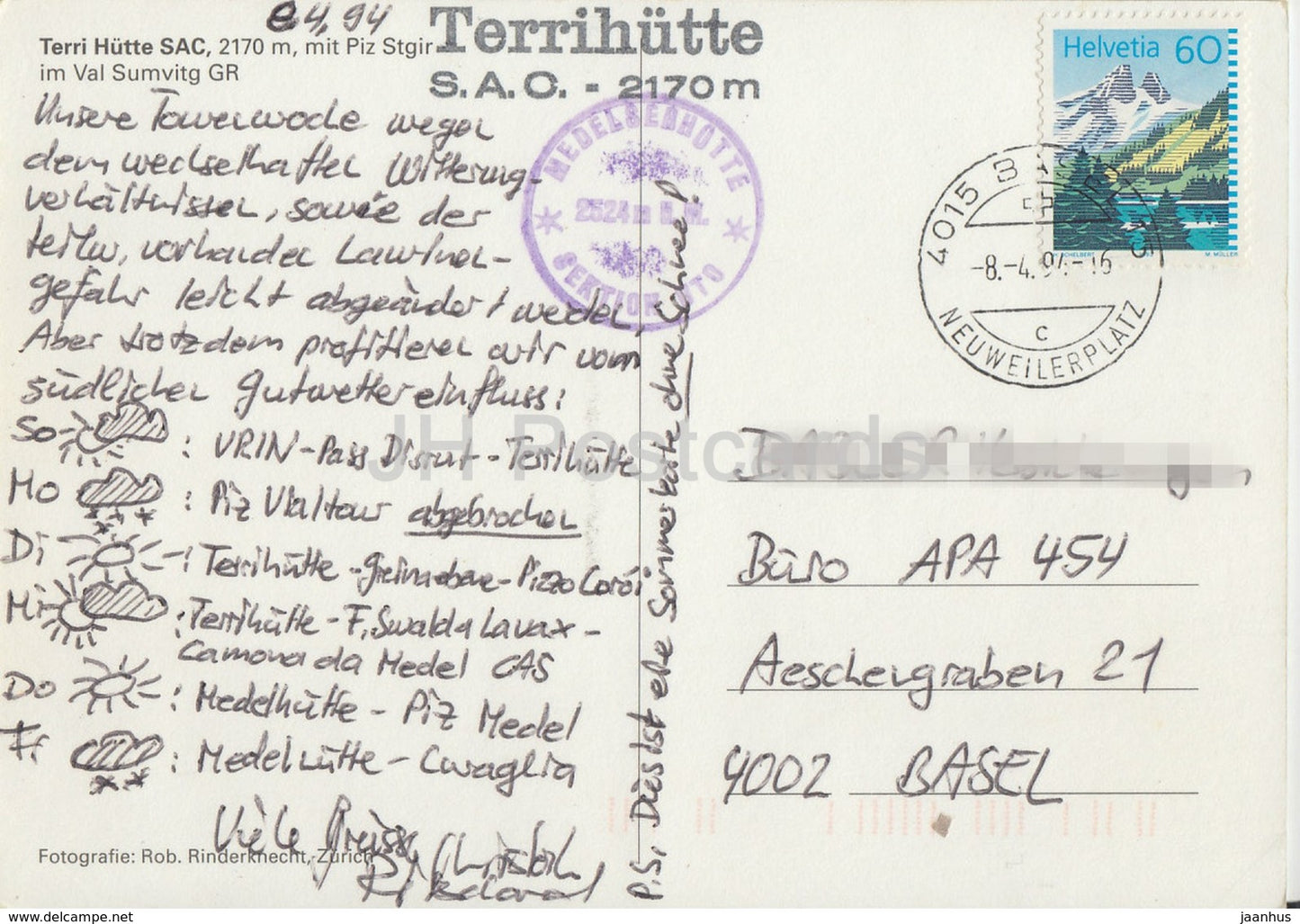 Terri Hutte SAC 2170 m - Piz Stgir - Val Sumvitg - 1994 - Switzerland - used
