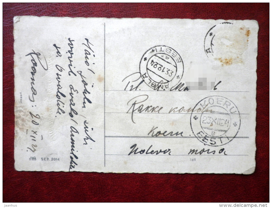 Christmas Greeting Card - girl with christmas tree - church - HWB SER 2014 - circulated in 1924 - Estonia - used - JH Postcards