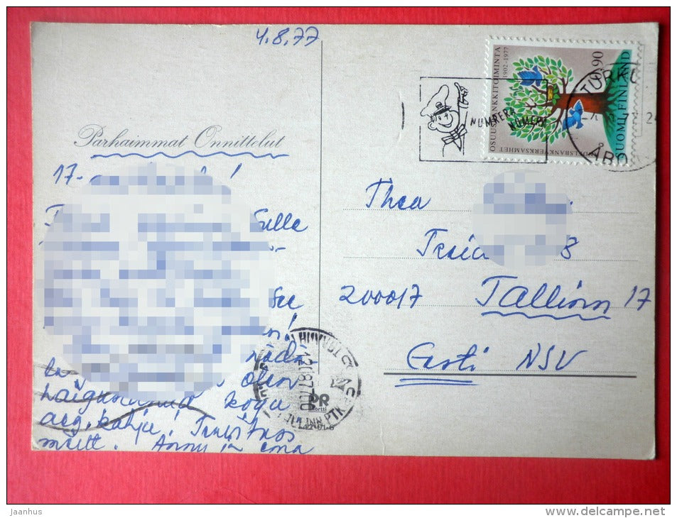 Greeting Card - roses - flowers - tree - Finland - sent from Finland to USSR Estonia 1987 - JH Postcards