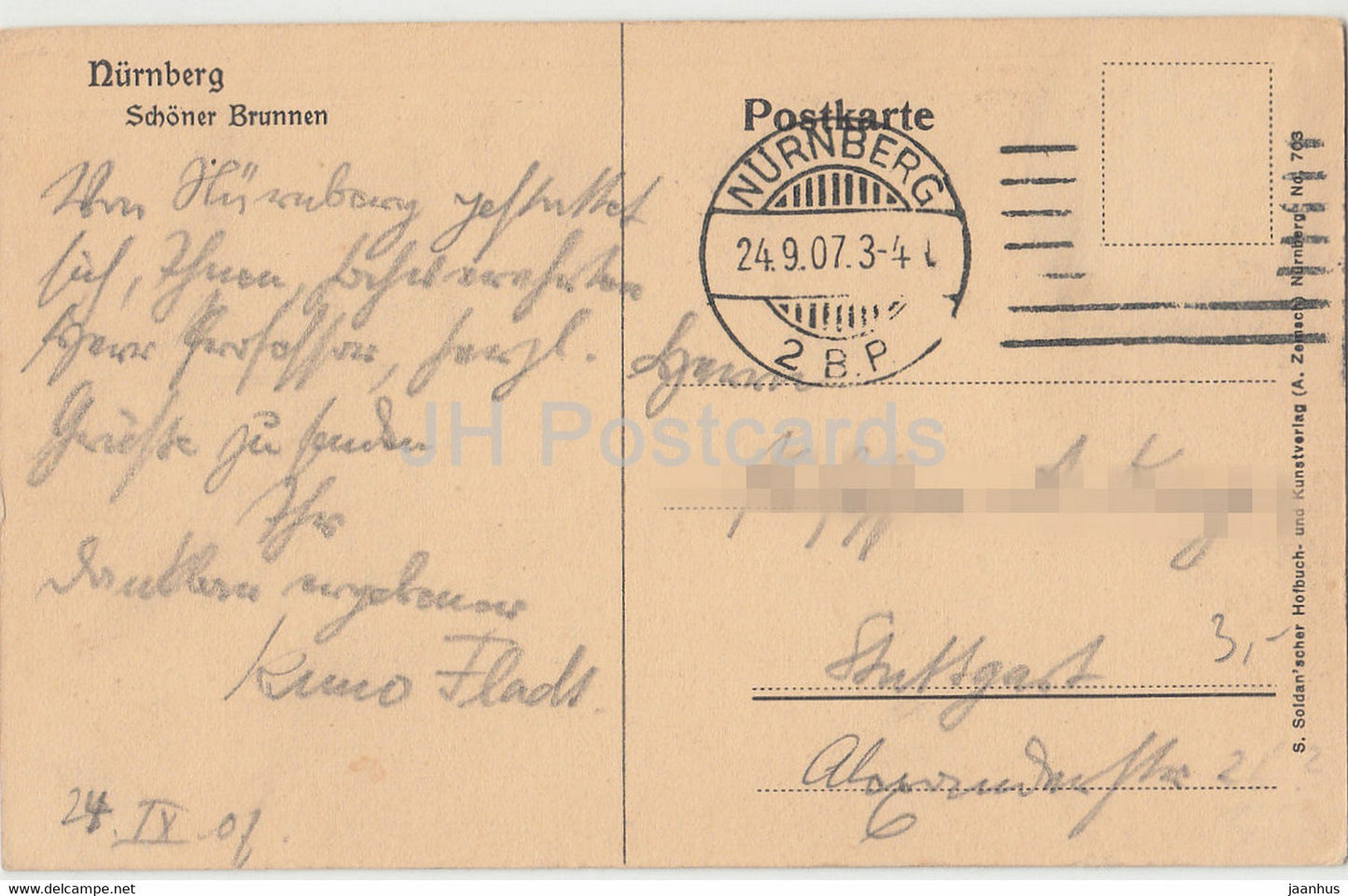 Nuremberg - Schoner Brunnen - carte postale ancienne - 1907 - Allemagne - utilisé