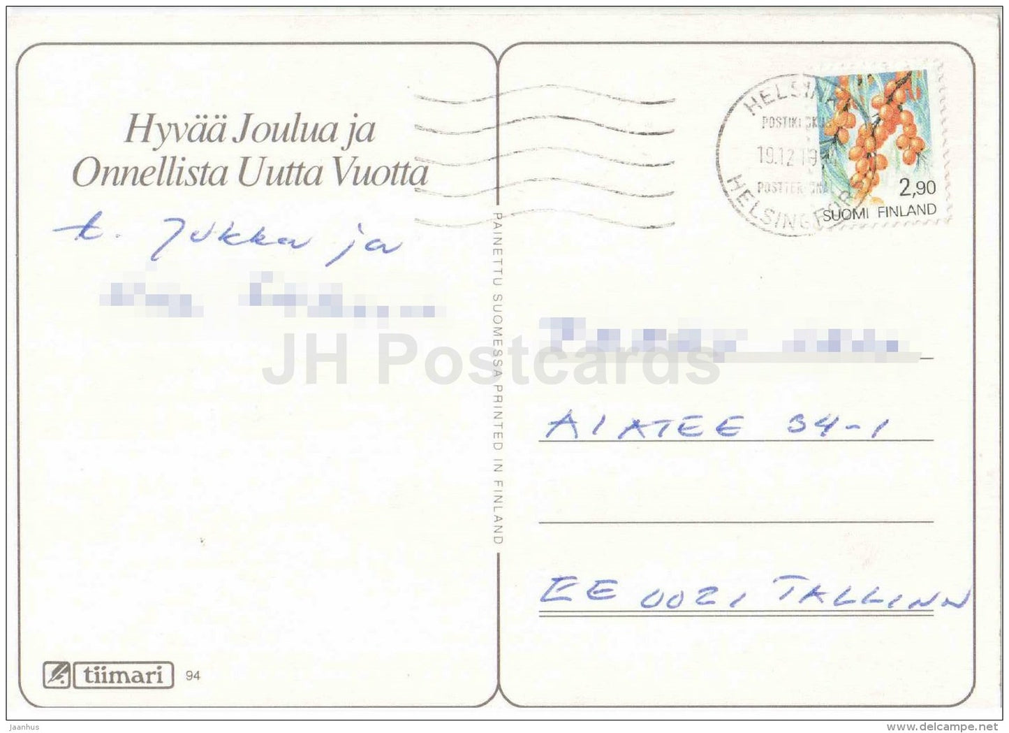 Christmas greeting card - winter view - house - buckthorn stamp - Finland - circulated in 1994 - JH Postcards