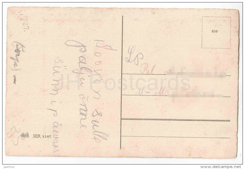 Greeting Card - signed by C.Klein - White , Red Carnation - flowers - HWB 1187 - old postcard - circulated in Estonia - JH Postcards