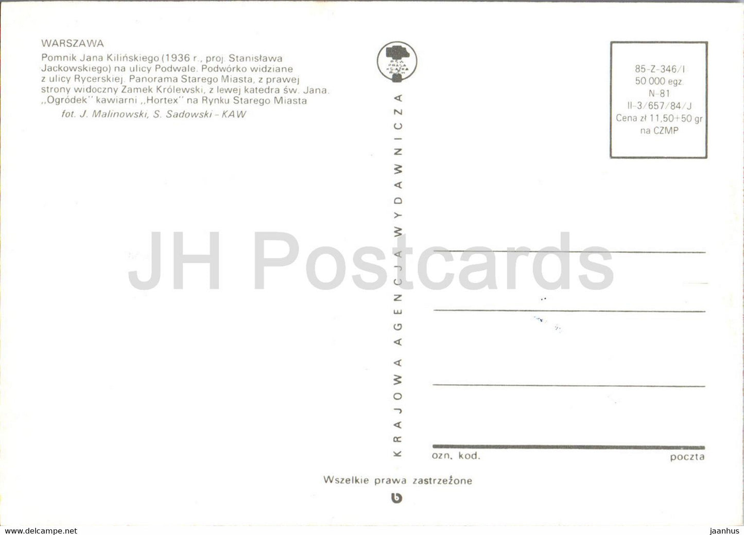 Warsaw - Warszawa - Stare Miasto - pomnik Jana Kilinskiego - Hortex - multiview - Poland - unused