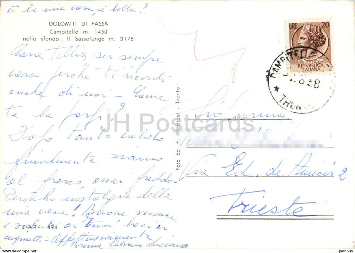 Dolomiti di Fassa - Campitello 1450 m nello sfondo Il Sassolungo 3178 m - alte Postkarte - 1958 - Italien - gebraucht