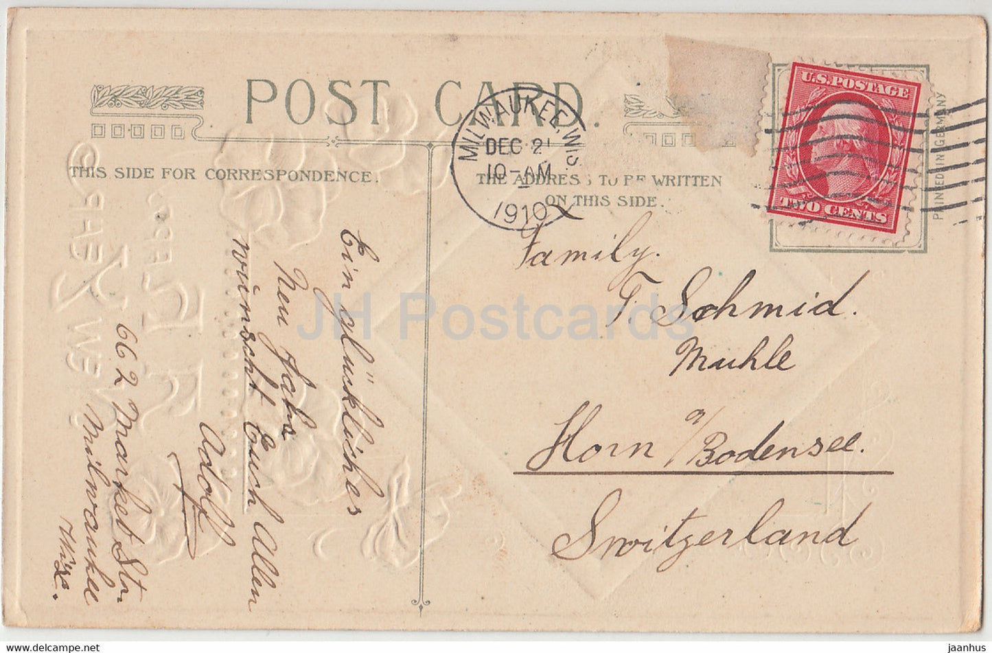 New Year Greeting Card - A Happy New Year - John Winsch - flowers - old postcard - 1910 - USA - used