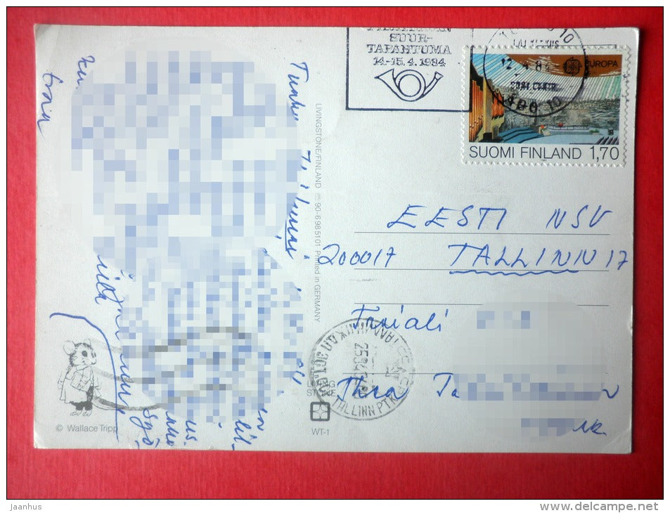 illustration by Wallace Tripp - car - mouse - cake - EUROPA CEPT Germany - sent from Finland Turku to Estonia USSR 1984 - JH Postcards