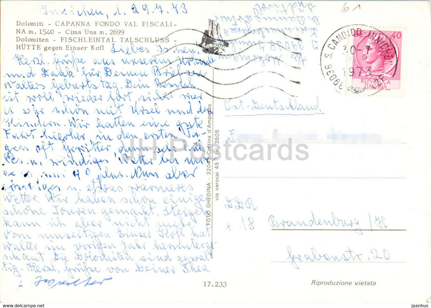 Dolomiti - Capanna Fondo Val Fiscalina - Cima Una - Fischleintal - 17.233 - 1973 - Italy - used