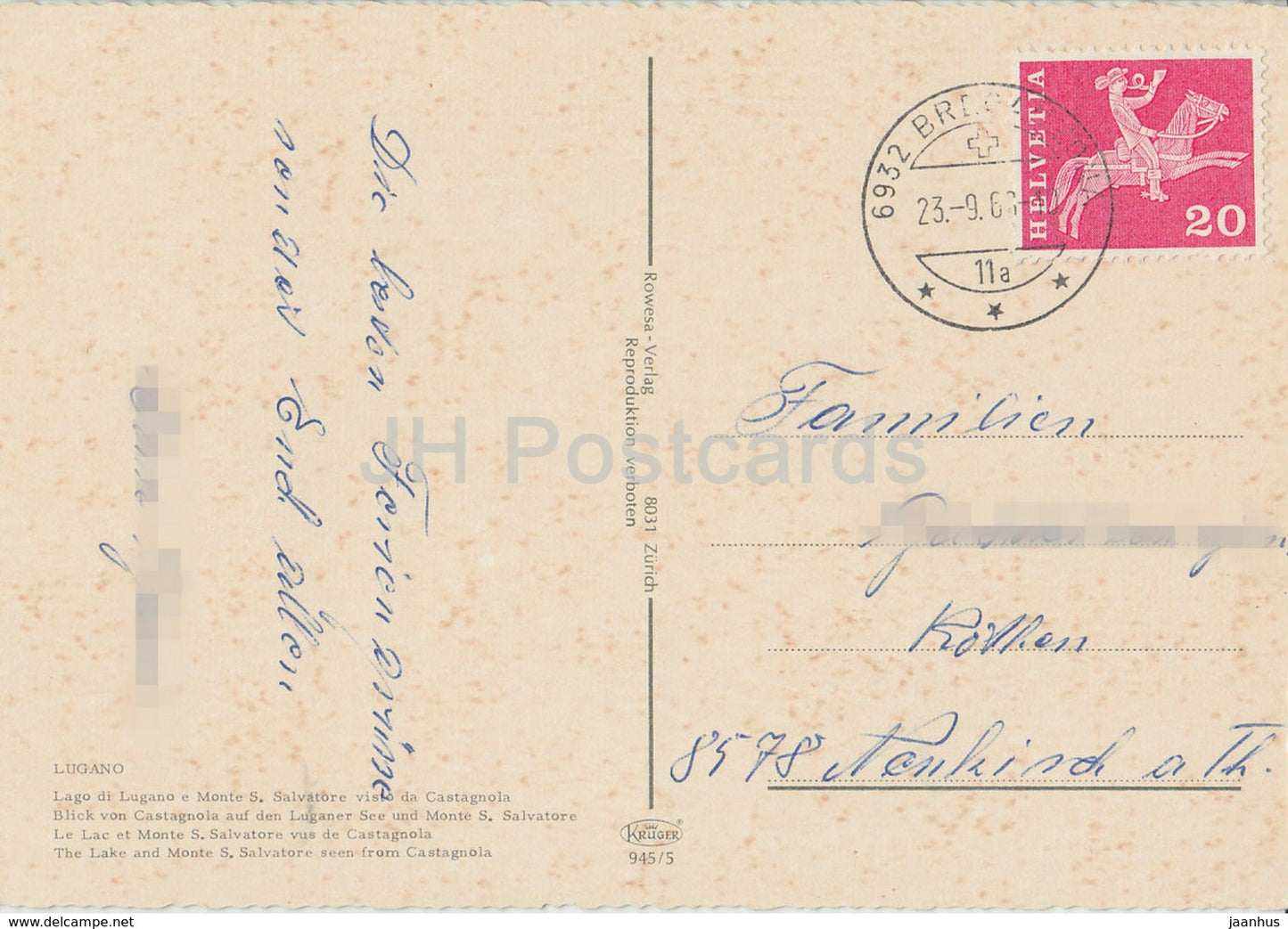 Lugano - Lago di Lugano e Monte S. Salvatore - visto da Castagnola - 1960s - Switzerland - used