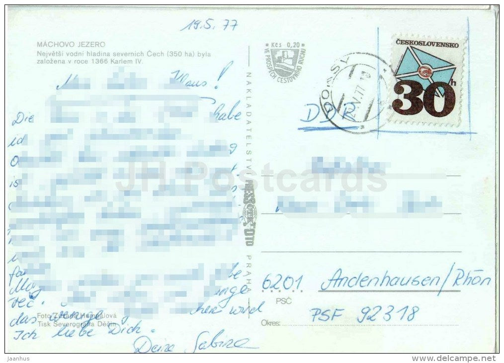 Machovo Jezero - lake Machovo - Czech - Czechoslovakia - used 1977 - JH Postcards