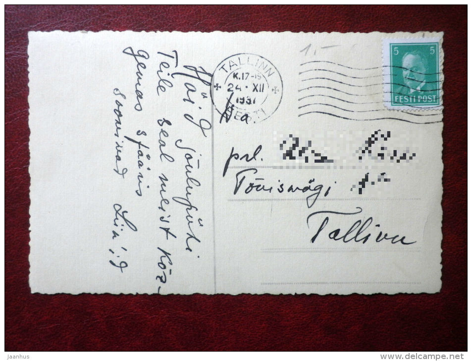 Christmas Greeting Card - fir cones - old postcard - circulated in 1937 , Tallinn - Estonia - used - JH Postcards