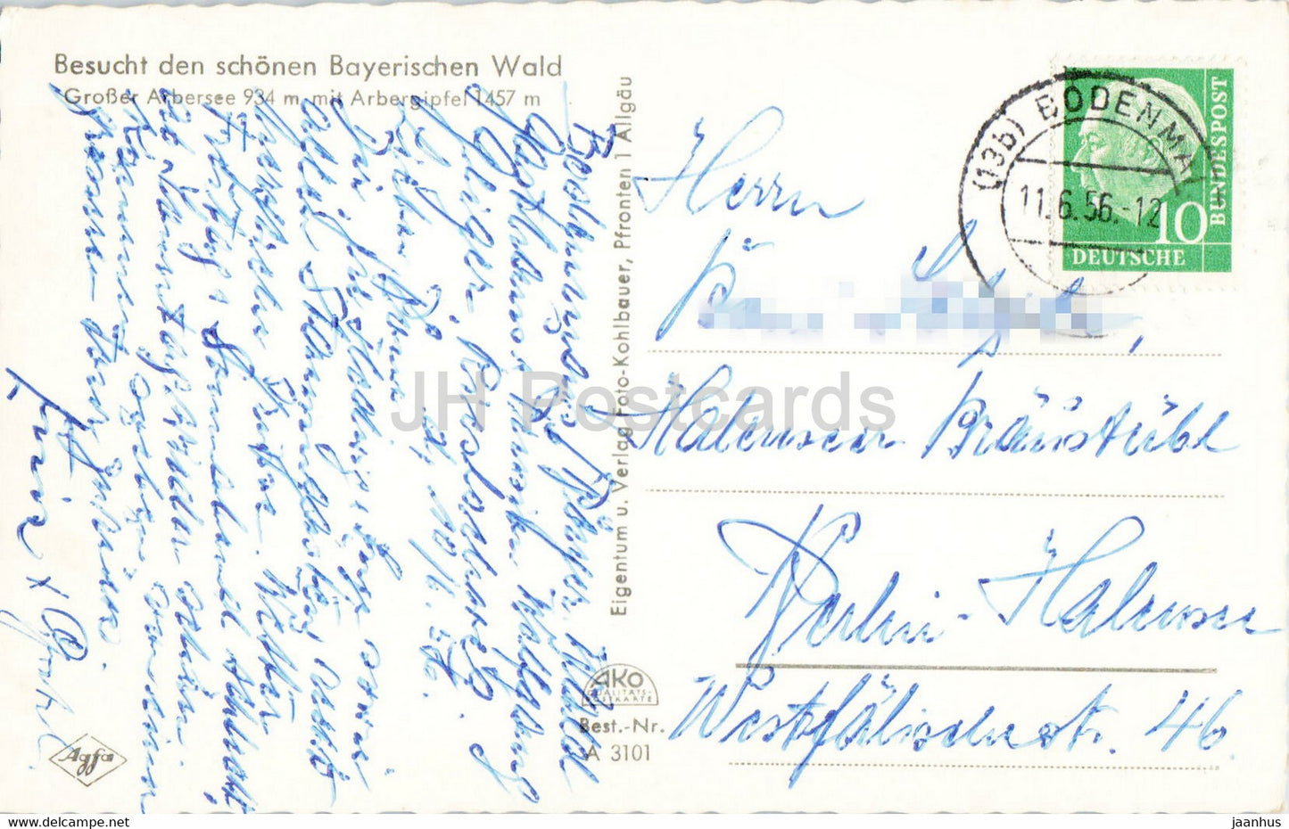 Grosser Arbersee 934 m - Arbergipfel - carte postale ancienne - 1956 - Allemagne - utilisé