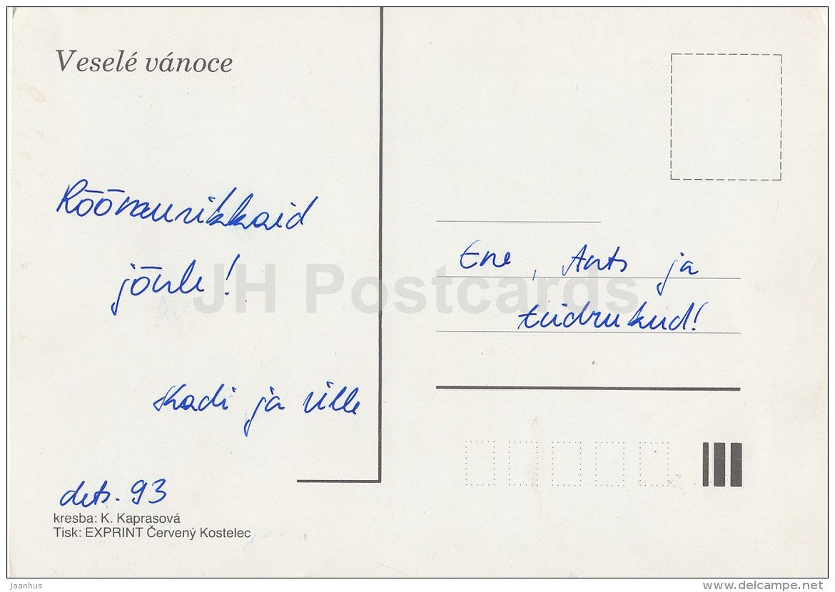 Christmas Greeting card by K. Kaprasova - children - cat - christmas tree - gifts - 1993 - Czech Republic - used - JH Postcards